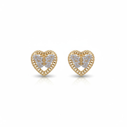 Gold Plated Micro-Pave CZ Butterfly Heart Basket Stud Earrings - Oro Laminado