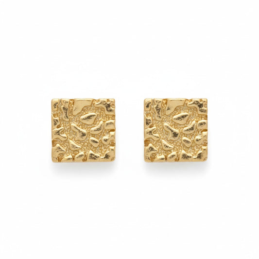 Gold Plated Square Textured Nugget Stud Earrings - Oro Laminado