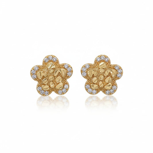 Gold Plated Flower Textured Nugget Micro-Pave CZ Halo Stud Earrings - Oro Laminado