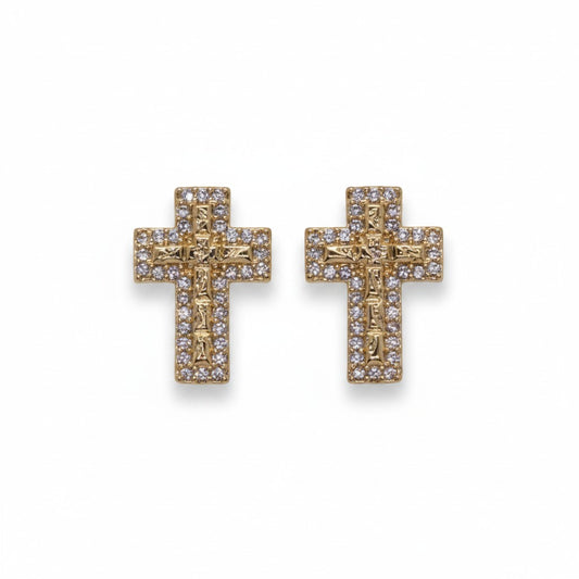 Gold Plated Textured Cross Micro-Pave CZ Halo Stud Earrings - Oro Laminado