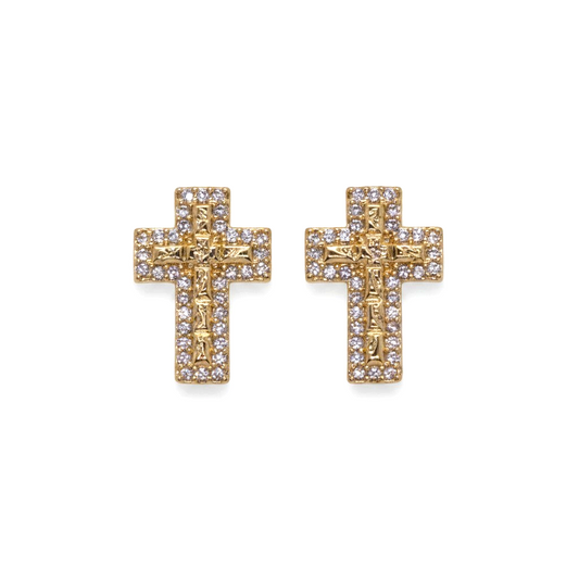 Amafhha Jewels gold-plated cross stud earrings with diamond-cut textured centers and micro-pave cubic zirconia halos.