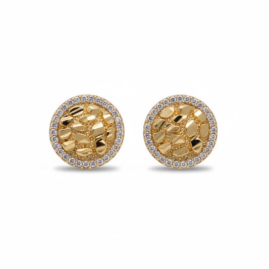 Gold Plated Round Nugget Micro-Pave CZ Halo Stud Earrings - Oro Laminado