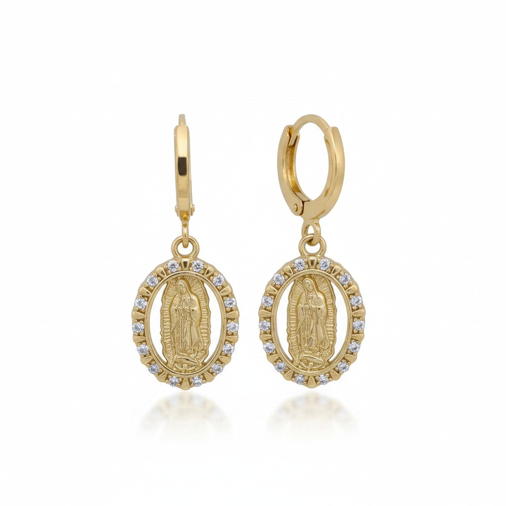 Gold Plated Virgin Mary Oval CZ Halo Huggie Drop Earrings - Oro Laminado