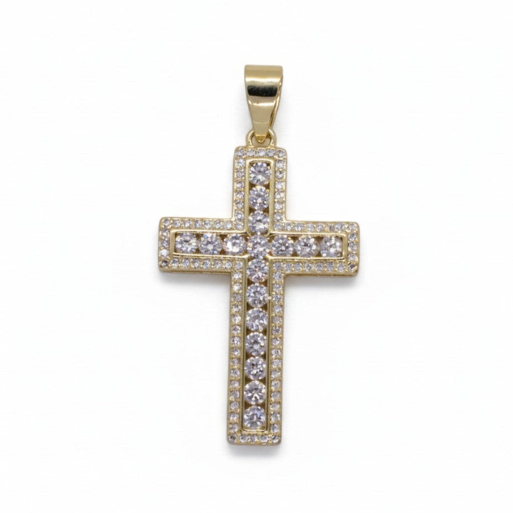 Gold Plated Double Row CZ Cross Pendant - Oro Laminado