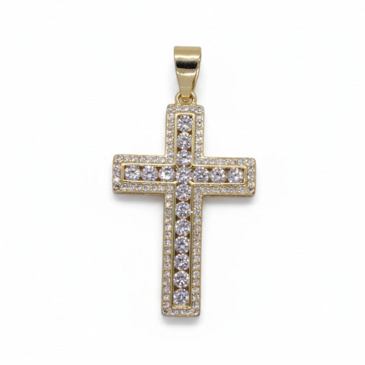Gold Plated Double Row CZ Cross Pendant - Oro Laminado