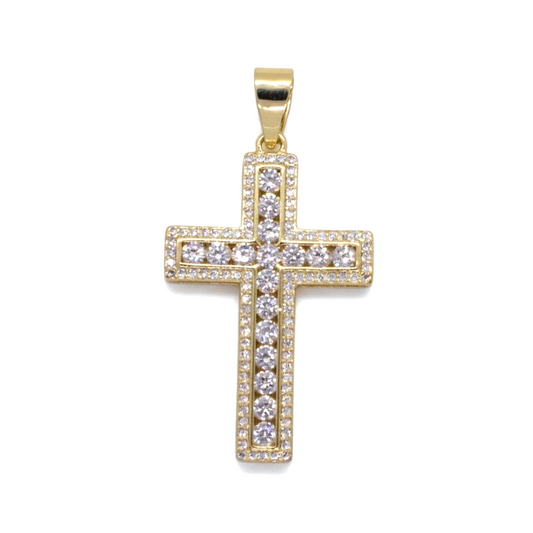 Amafhha Jewels gold-plated cross pendant with double-row cubic zirconia stones and micro-pave border on white background
