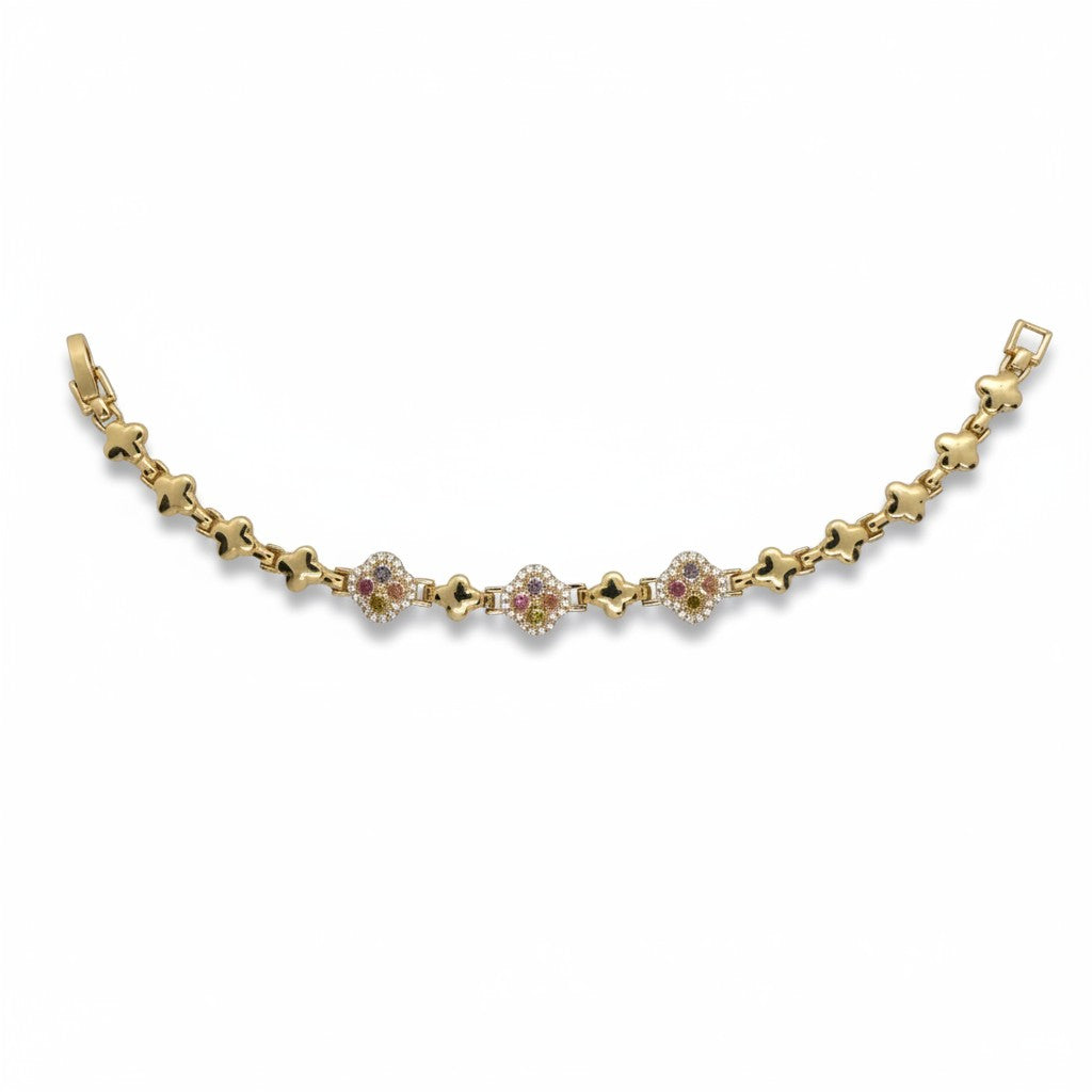 Gold-Plated Four-Leaf Clover Multi-Color CZ Station Link Bracelet - Oro Laminado