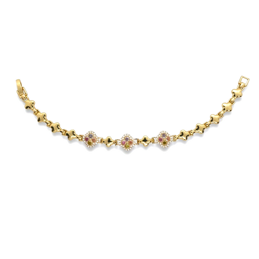 Amafhha Jewels gold-plated station bracelet featuring four-leaf clover links and multi-color cubic zirconia stones.