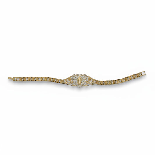 Gold Plated Virgin Mary Heart Centerpiece Nugget Link Bracelet - Oro Laminado
