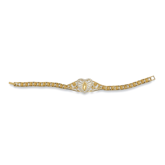 Amafhha Jewels gold-plated Virgin Mary heart bracelet with crystal accents, rose filigree, and textured nugget links.