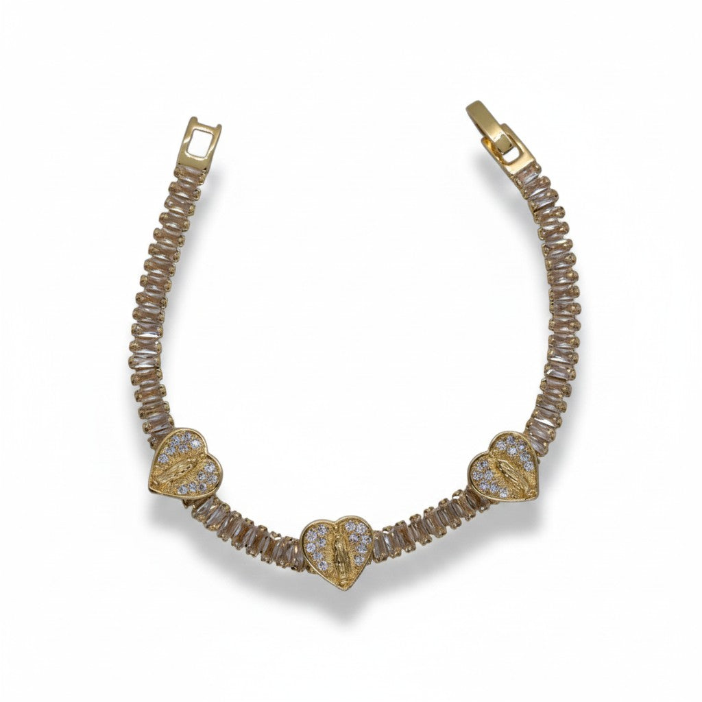 Gold Plated Baguette CZ Heart Virgin Mary Station Bracelet - Oro Laminado