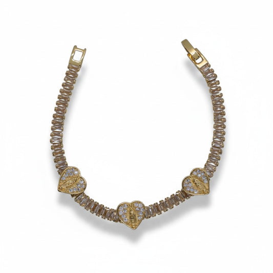 Gold Plated Baguette CZ Heart Virgin Mary Station Bracelet - Oro Laminado