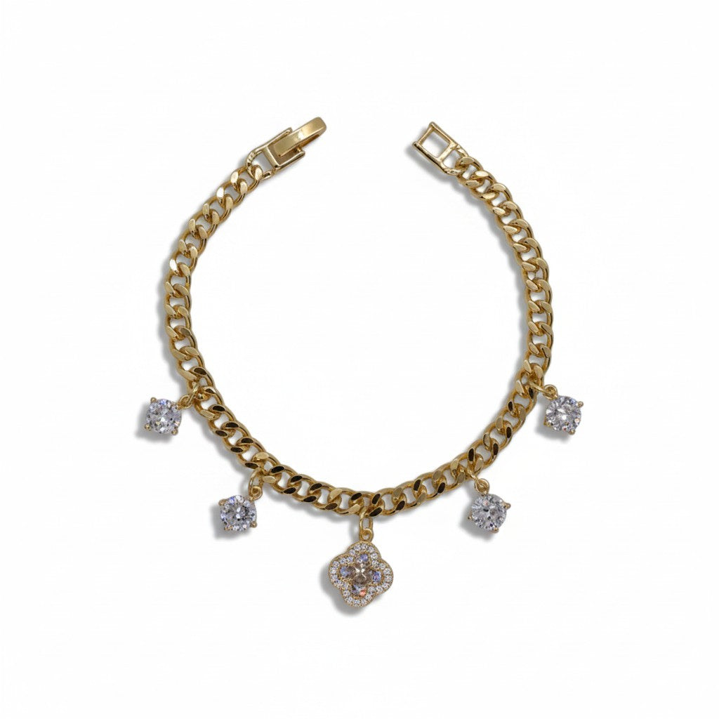Gold Plated Curb Chain Four-Leaf Clover & CZ Charm Bracelet - Oro Laminado