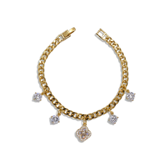 Amafhha Jewels gold-plated curb chain bracelet featuring a pave clover charm and dangling cubic zirconia stones.