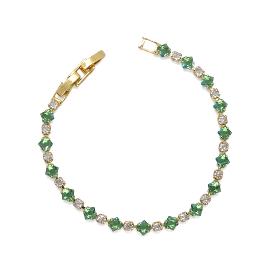 Amafhha Jewels gold-plated tennis bracelet with alternating cushion-cut forest green and round clear cubic zirconia.