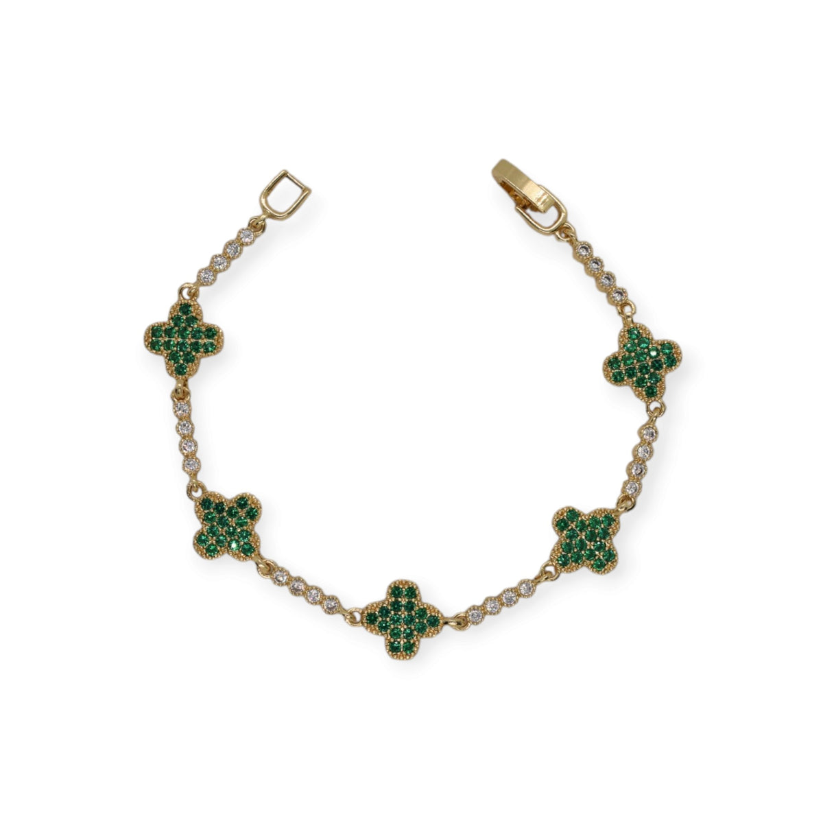 Gold Plated Pave CZ Four-Leaf Clover Station Bracelet - Oro Laminado
