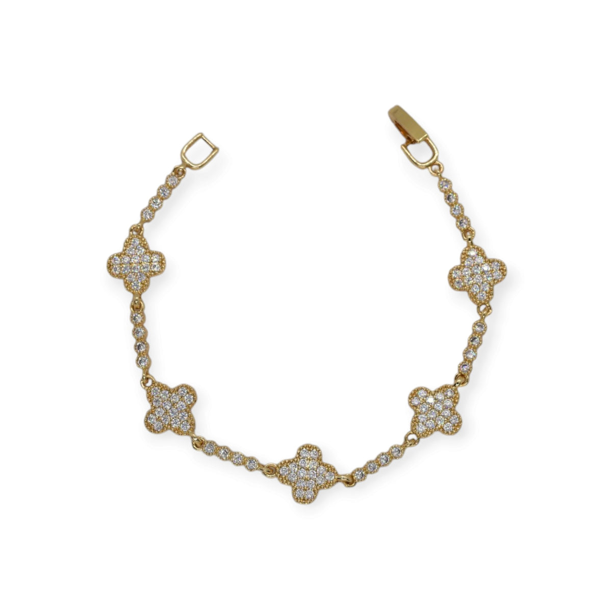 Gold Plated Pave CZ Four-Leaf Clover Station Bracelet - Oro Laminado