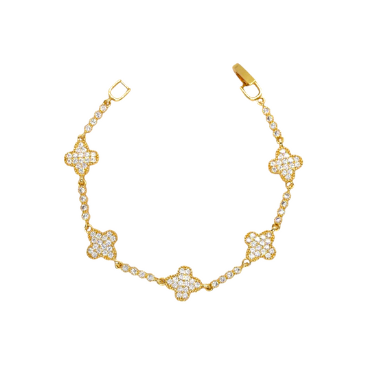 Amafhha Jewels gold-plated four-leaf clover station bracelet with micro-pave cubic zirconia and fold-over clasp.