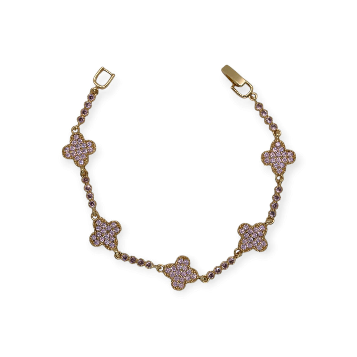 Gold Plated Pave CZ Four-Leaf Clover Station Bracelet - Oro Laminado