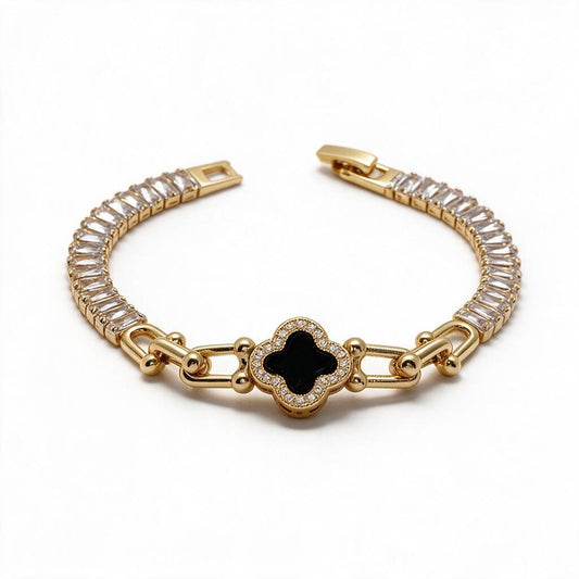 Gold Plated Clover with Baguette CZ Tennis Bracelet - Oro Laminado