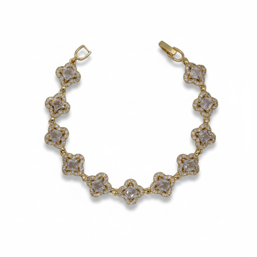 Gold Plated Princess-Cut Gemstone Floral Quatrefoliate Halo Station Bracelet - Oro Laminado