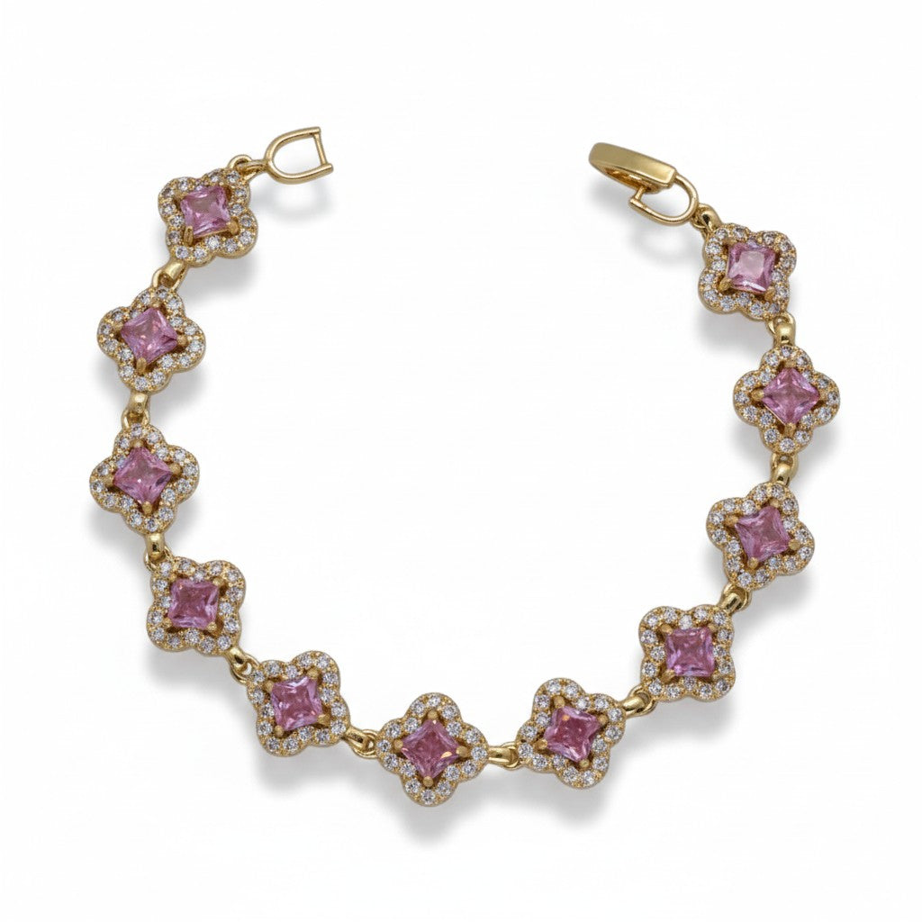 Gold Plated Princess-Cut Gemstone Floral Quatrefoliate Halo Station Bracelet - Oro Laminado