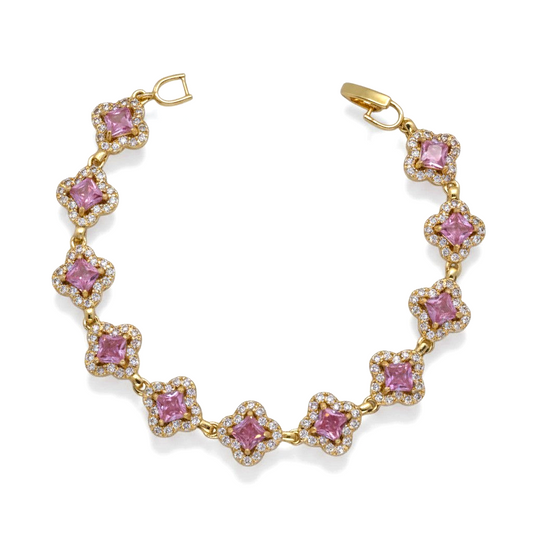 Amafhha Jewels gold-plated bracelet with pink princess-cut gemstone quatrefoil stations and clear cubic zirconia halo.
