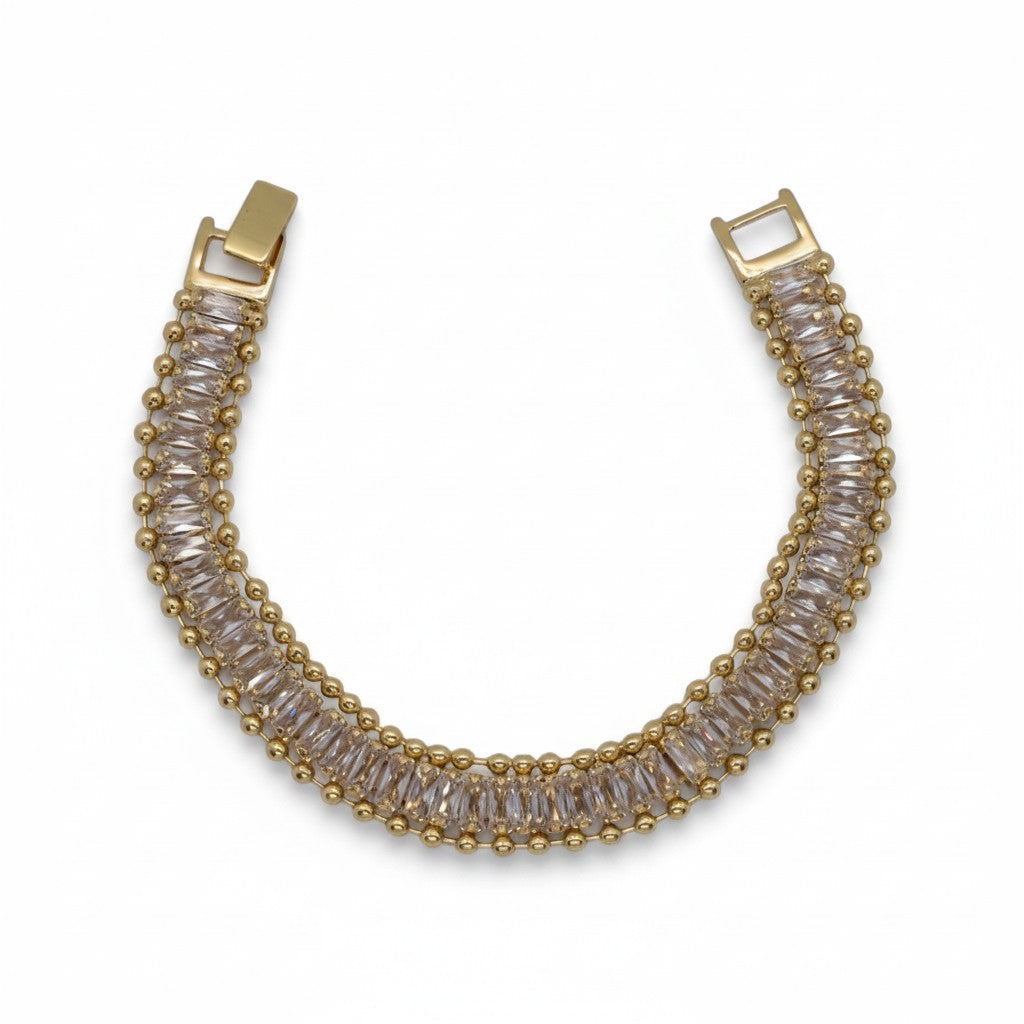 Gold-Plated Baguette CZ Center Beaded Border Link Bracelet - Oro Laminado
