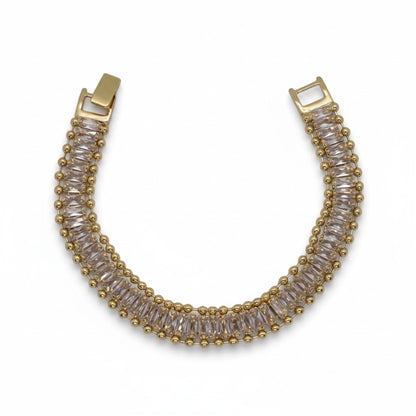 Gold-Plated Baguette CZ Center Beaded Border Link Bracelet - Oro Laminado