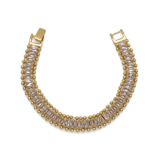 Amafhha Jewels gold-plated bracelet with baguette-cut cubic zirconia and beaded border link design on white background
