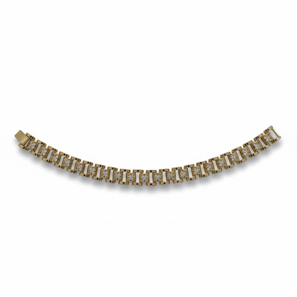 Gold Plated Geometric Block Link CZ Accent Bracelet - Oro Laminado