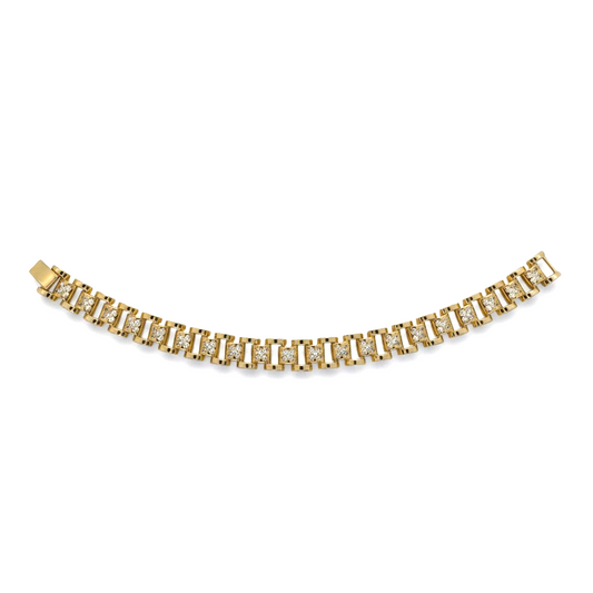 Amafhha Jewels gold-plated geometric block link bracelet featuring central cubic zirconia stone clusters.