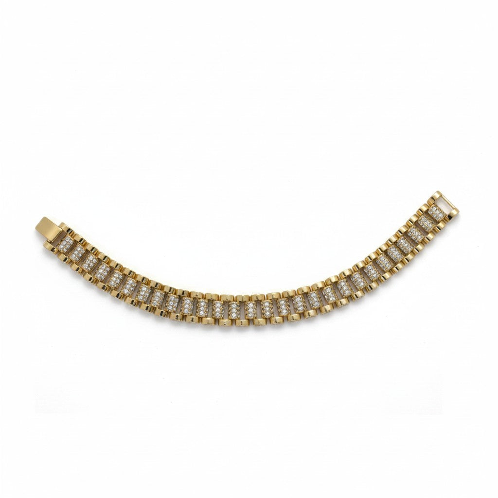 Gold Plated Fully Pave CZ Center Watch Band Link Bracelet - Oro Laminado
