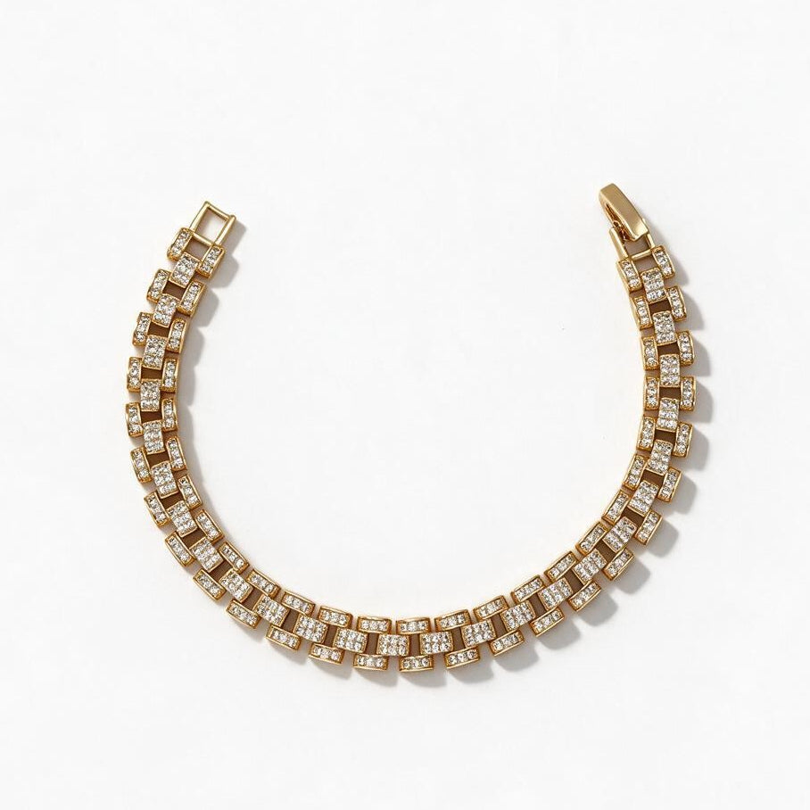 Full Pave CZ Watch Band Style Link Bracelet - Oro Laminado