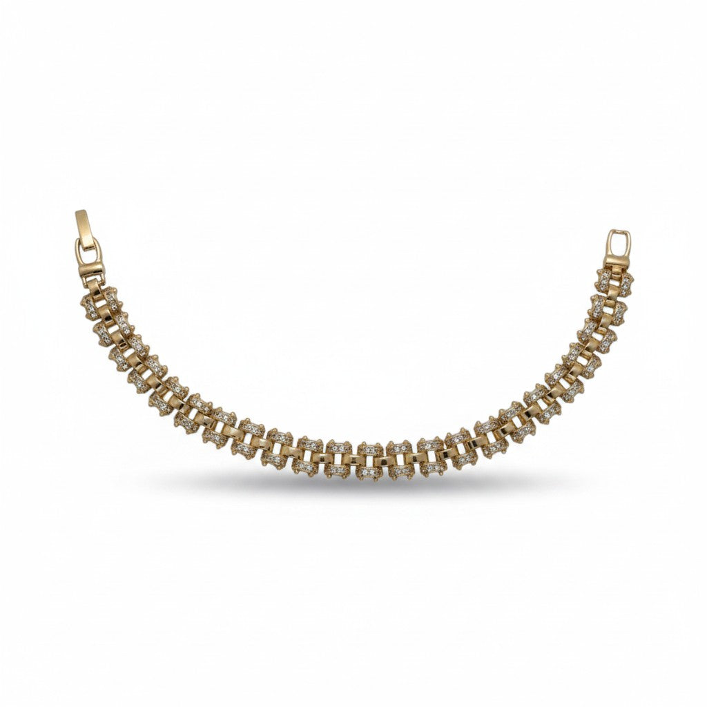 Gold Plated Double-Row Pave CZ Watch Band Link Bracelet - Oro Laminado