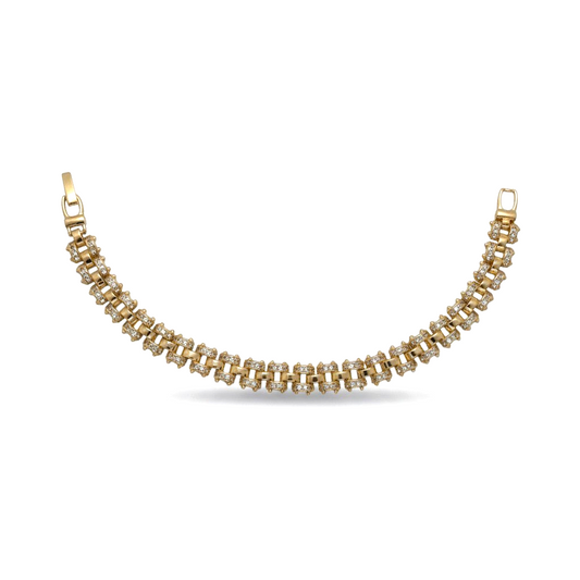 Amafhha Jewels gold-plated watch band link bracelet with double-row pave cubic zirconia stones and fold-over clasp.