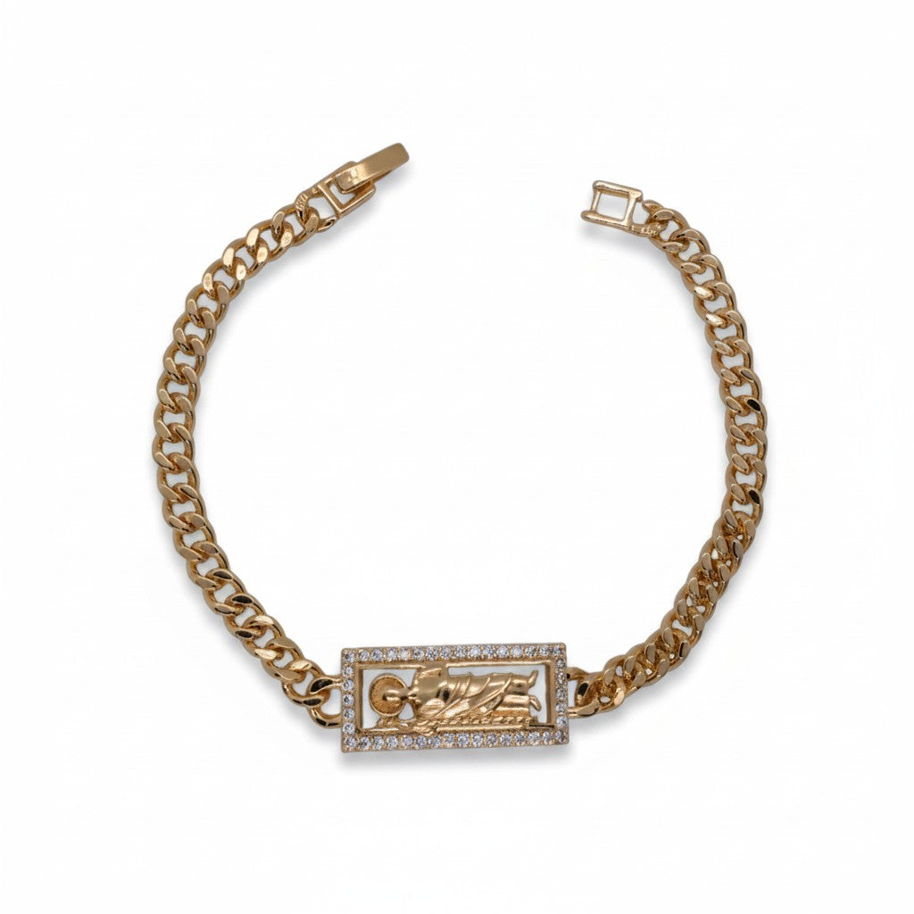 Gold Plated Curb Chain Reclining Jesus Rectangular Pave CZ Centerpiece Bracelet - Oro Laminado
