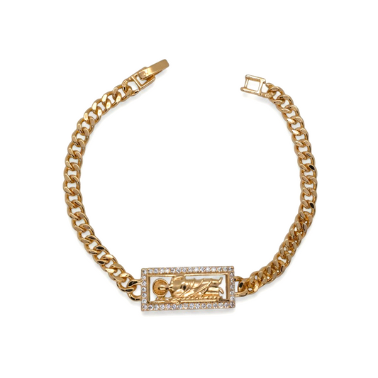 Amafhha Jewels gold plated curb chain bracelet featuring a reclining Jesus rectangular centerpiece with pave CZ stones