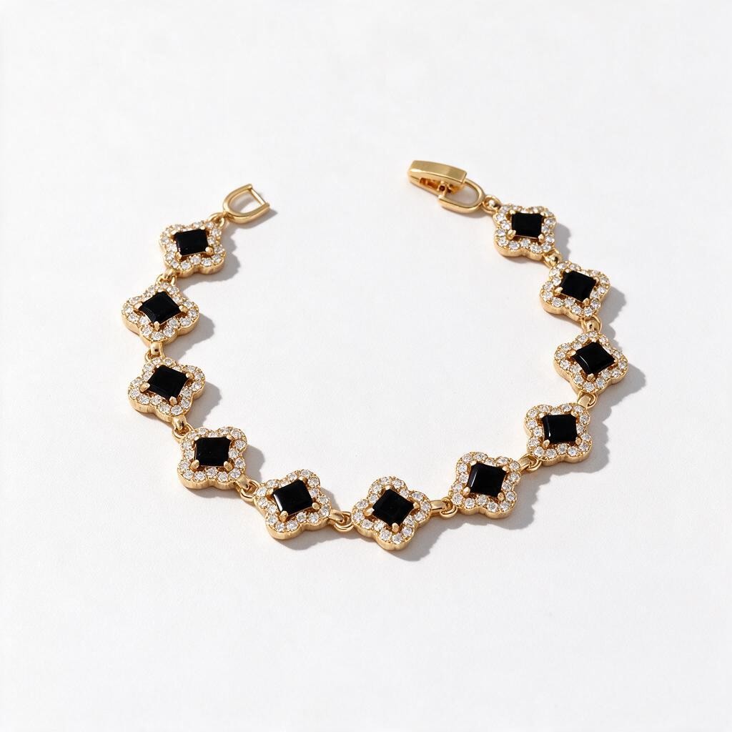 Gold Plated Princess-Cut Gemstone Floral Quatrefoliate Halo Station Bracelet - Oro Laminado