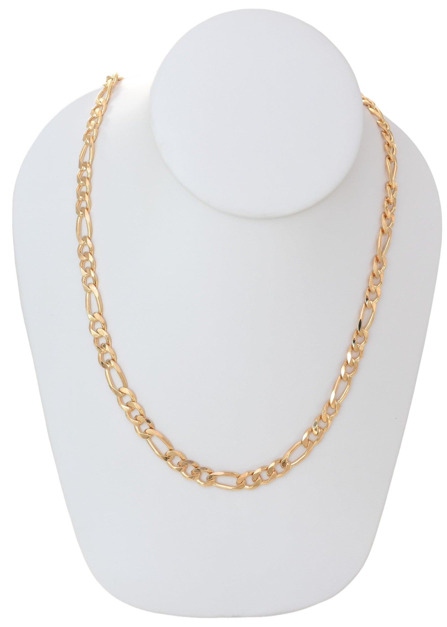 Gold Plated 180mm width Figaro Chain Necklace displayed on a jewelry display, available in 24", and 26" lengths.