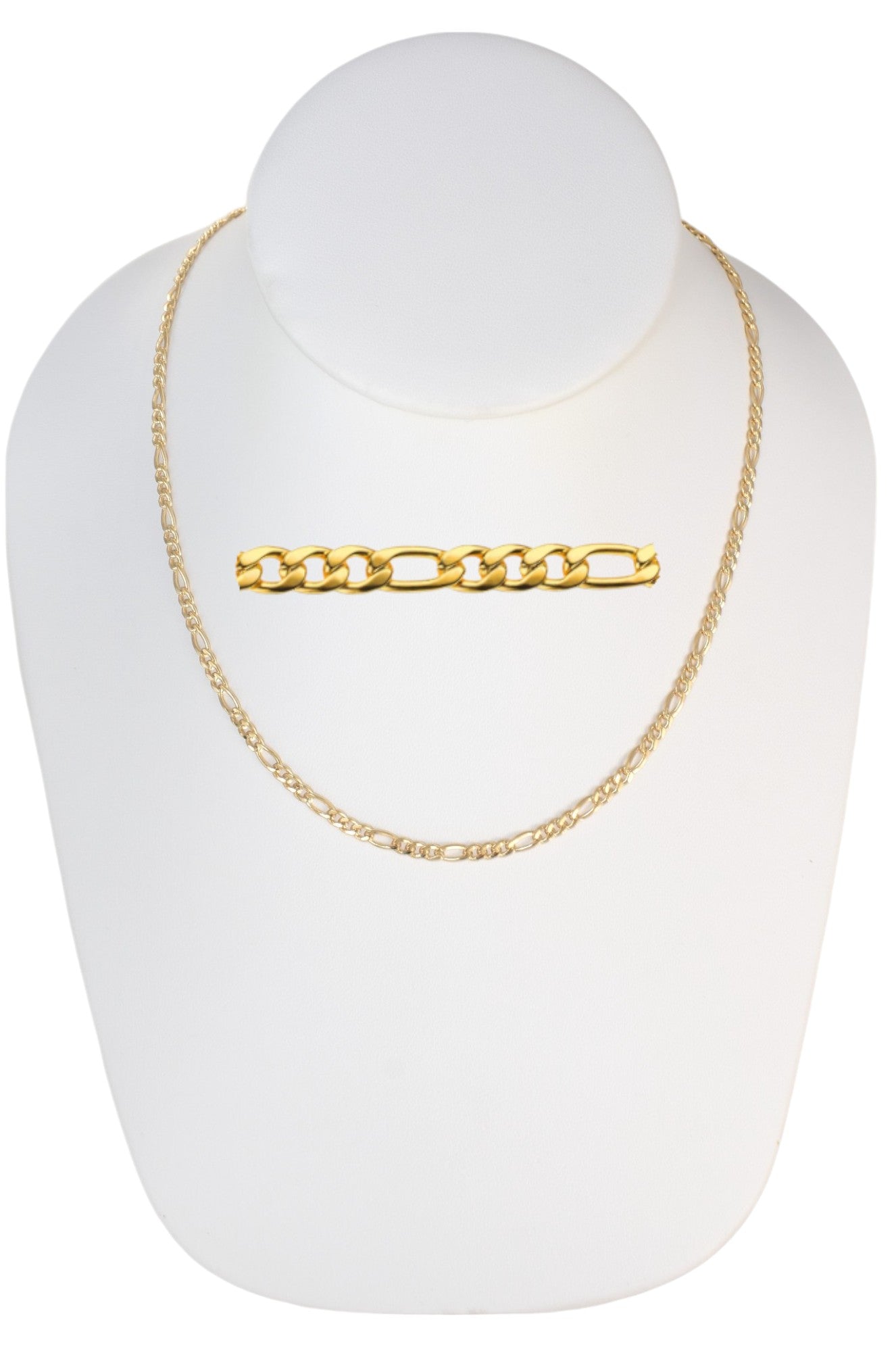 Gold Plated 100mm width Figaro Chain Necklace displayed on a jewelry display, available in 24", and 26" lengths.