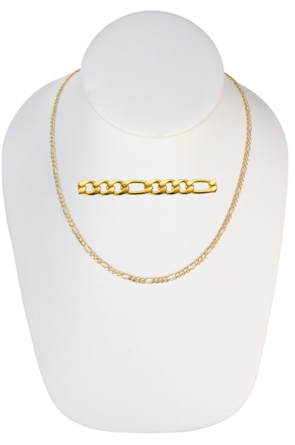 Gold Plated 100mm width Figaro Chain Necklace displayed on a jewelry display, available in 24", and 26" lengths.