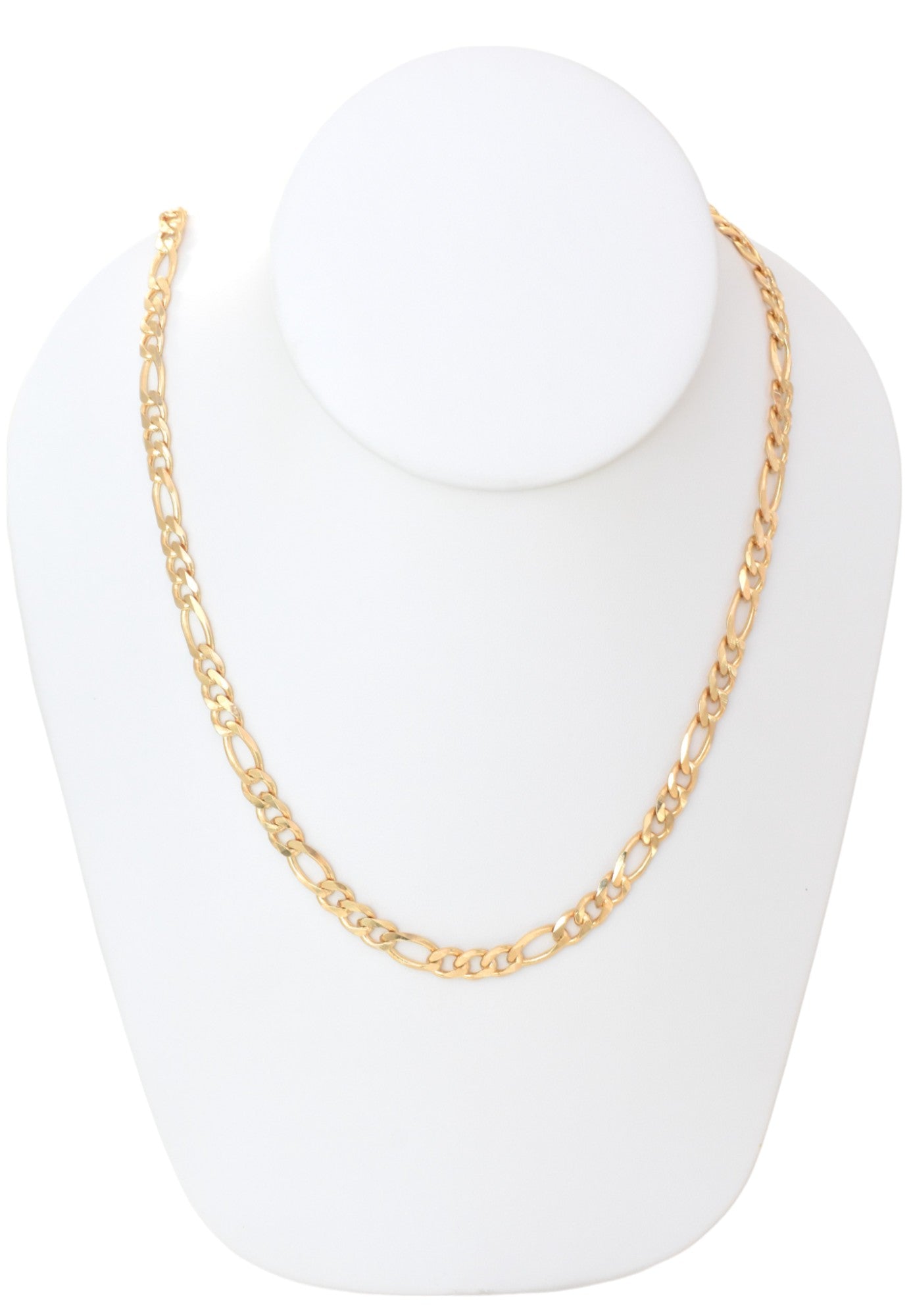 Gold Plated 120mm width Figaro Chain Necklace displayed on a jewelry display, available in 24", and 26" lengths.