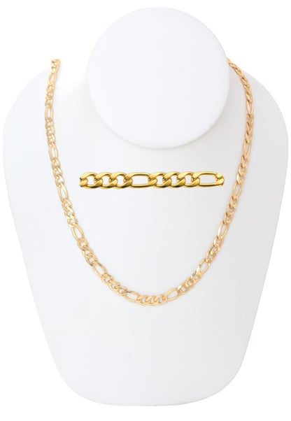 Gold Plated 120mm width Figaro Chain Necklace displayed on a jewelry display, available in 24", and 26" lengths.