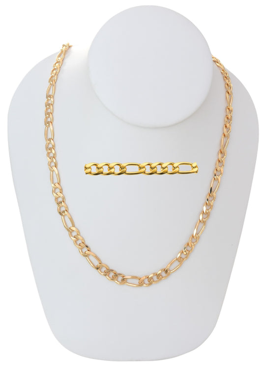 Gold Plated 150mm width Figaro Chain Necklace displayed on a jewelry display, available in 22",24", 26", 28", 30" lengths.