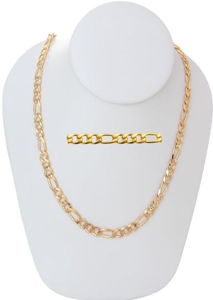 Gold Plated 180mm width Figaro Chain Necklace displayed on a jewelry display, available in 24", and 26" lengths.