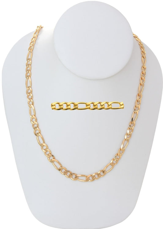 Gold Plated 180mm width Figaro Chain Necklace displayed on a jewelry display, available in 24", and 26" lengths.