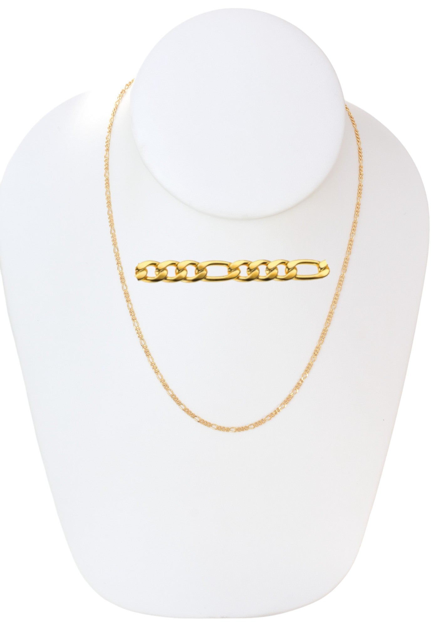 Gold Plated 60mm width Figaro Chain Necklace displayed on a jewelry display, available in 18", 20", 22", and 24" lengths.