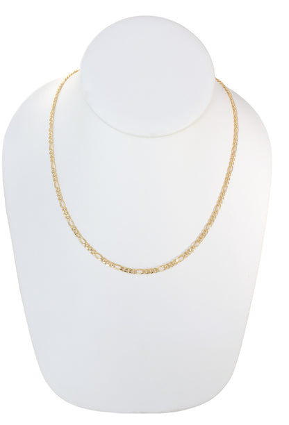 Gold Plated 80mm Figaro Chain Necklace displayed on a jewelry bust, available in 18", 20", 22", and 24" lengths.