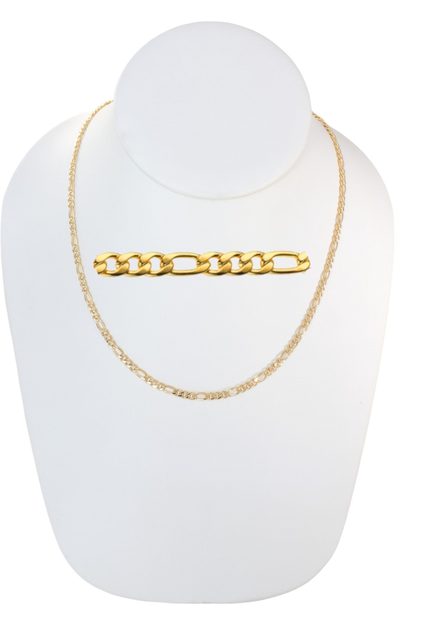 Gold Plated 80mm Figaro Chain Necklace displayed on a jewelry bust, available in 18", 20", 22", and 24" lengths.